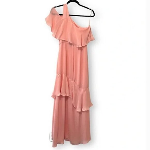 Parker Pink Sharon One Shoulder Chiffon Asymmetrical Hem Evening Gown Size 2 - Picture 2 of 5